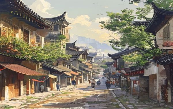 明清时期中国市井街道场景复原图，青石板路两侧商铺林立，行人摩肩接踵，远处可见城楼轮廓，画面暖黄色调充满历史感