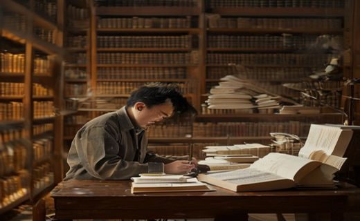 民间文学研究者在图书馆古籍阅览室翻阅白洁传相关手抄本，书桌上摆放着放大镜和笔记本，暖黄色台灯光线营造出学术研究氛围